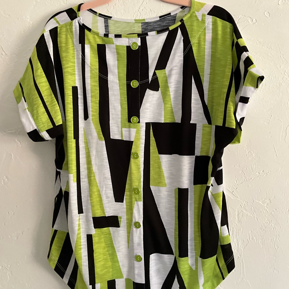 Multiples Lime Geometric Button Back Top L - image 2
